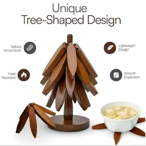 Wooden Expandable Trivet Heat Resistant Folding Coaster Tree Style Pot Holder Kitchen Decor Unique Design Natural Wood Grain Lightweight Smooth Expansion