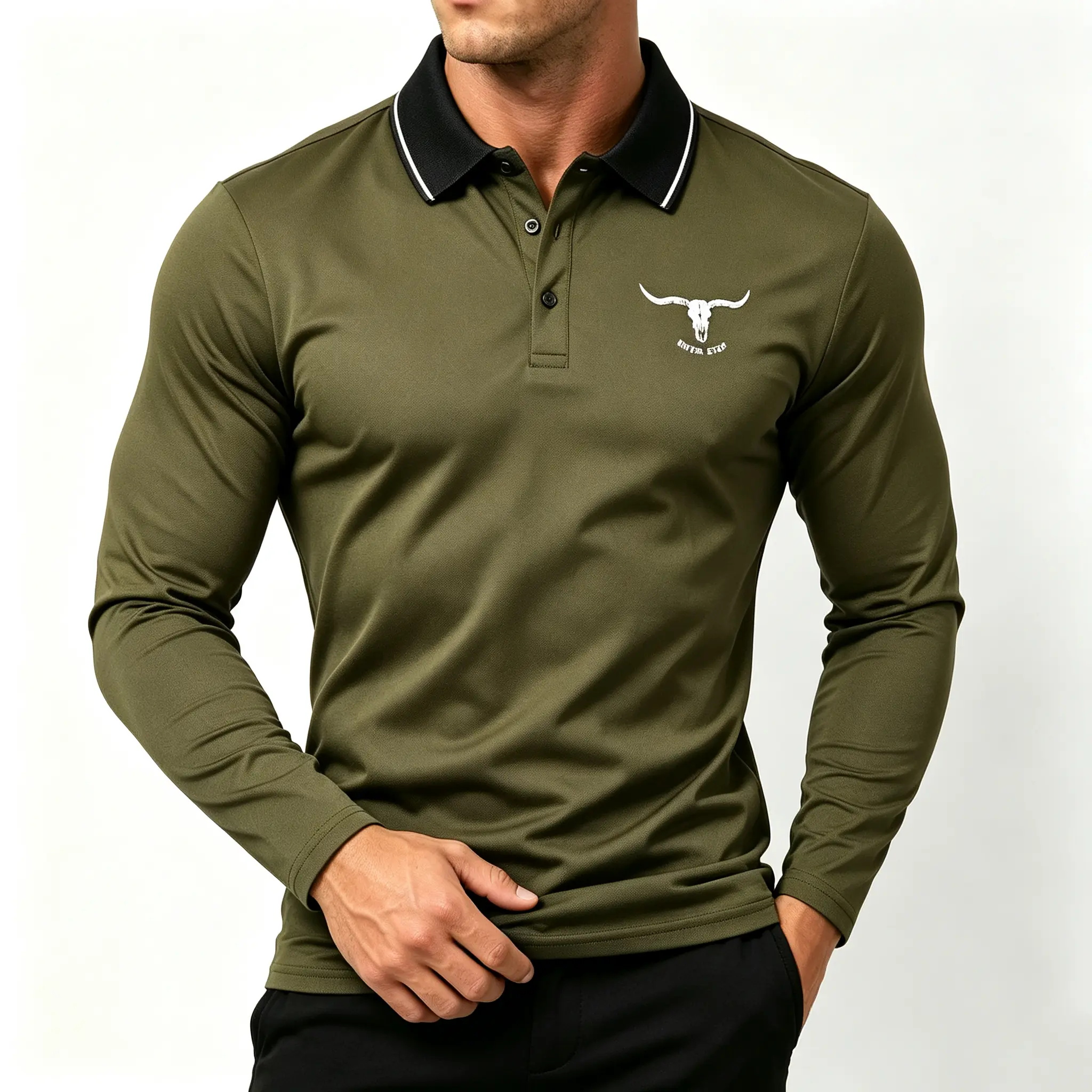 Men’s Color-Block Collared Long-Sleeve Polo Shirt - Classic Soft Stripes Retro Bull Head Skull Print Slim-Fit Athletic Top for Spring/Autumn Casual Commuter Wear, Stretchy