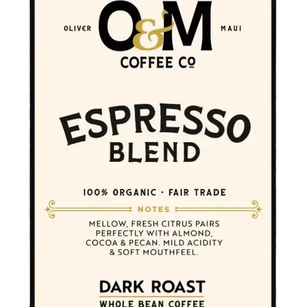 Oliver & Maui Coffee Co Espresso Blend Dark Roast Organic Fair Trade Whole Bean Coffee with Vanilla Caramel & Brown Sugar Notes