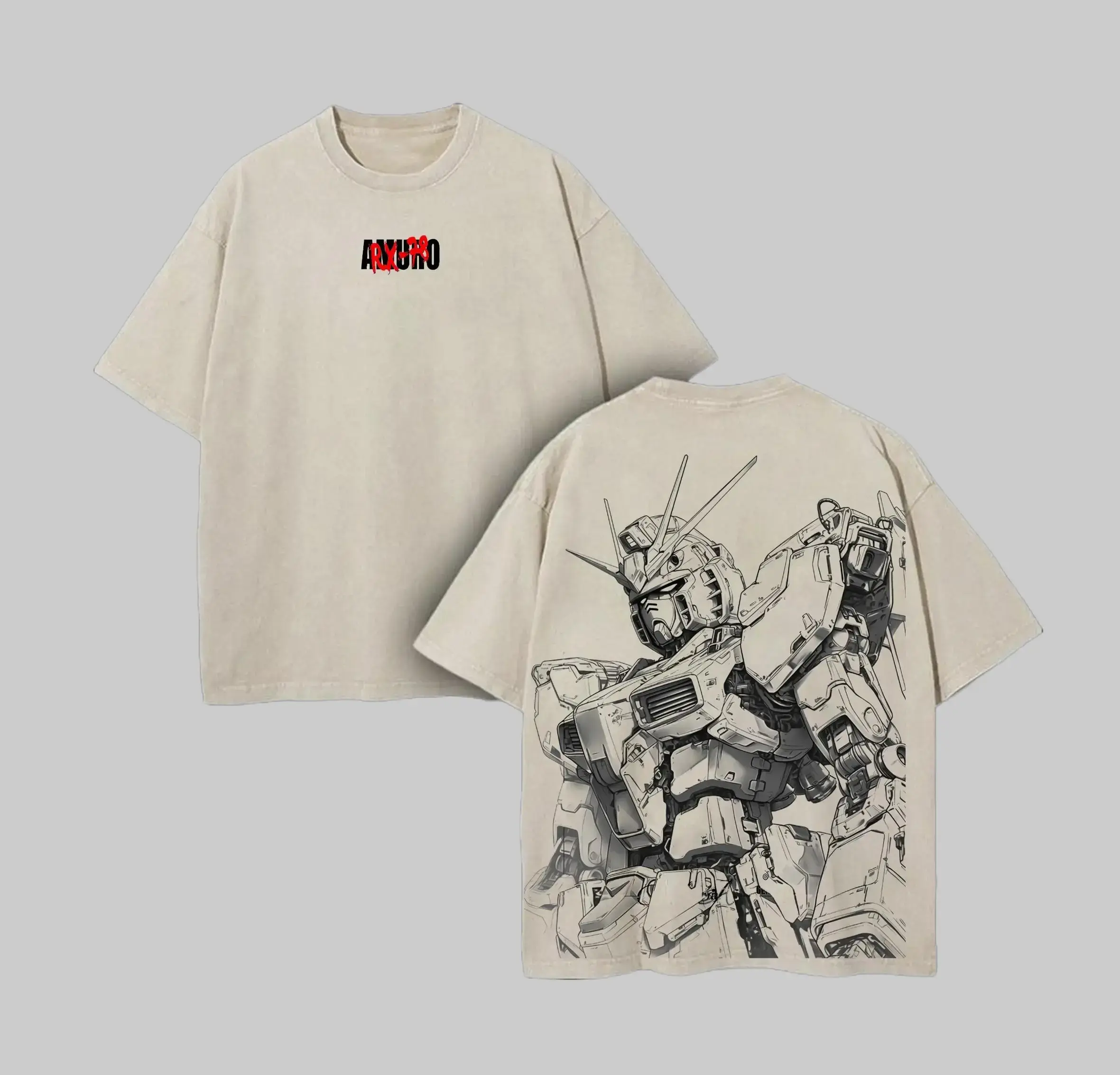 Menswear Round Neck Short-Sleeve Top, Unisex Gundam RX-78-2 Double-Sided Graphic Tee, Vintage Washed Heavyweight Cotton, Oversized Streetwear Classic Casual T-Shirt