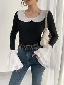 Women's Elegant Ruffled Hem Long-Sleeve Polyester T-Shirt - Slim Fit Stretchy Scoop Neck Lady Top, Lightweight Breathable Casual Clothes for Spring-Summer