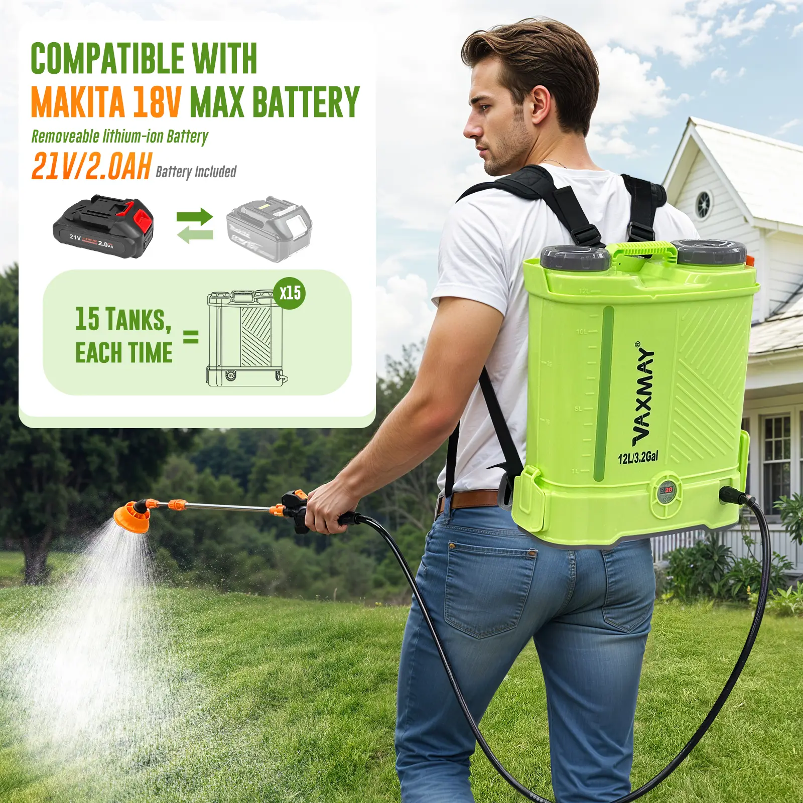 VAXMAY Battery Powered Backpack Sprayer 3.2 Gallon 80 PSI Electric Garden Sprayer Compatible with Makita 18V Battery 5 Nozzles 2.0 Ah Battery & Charge