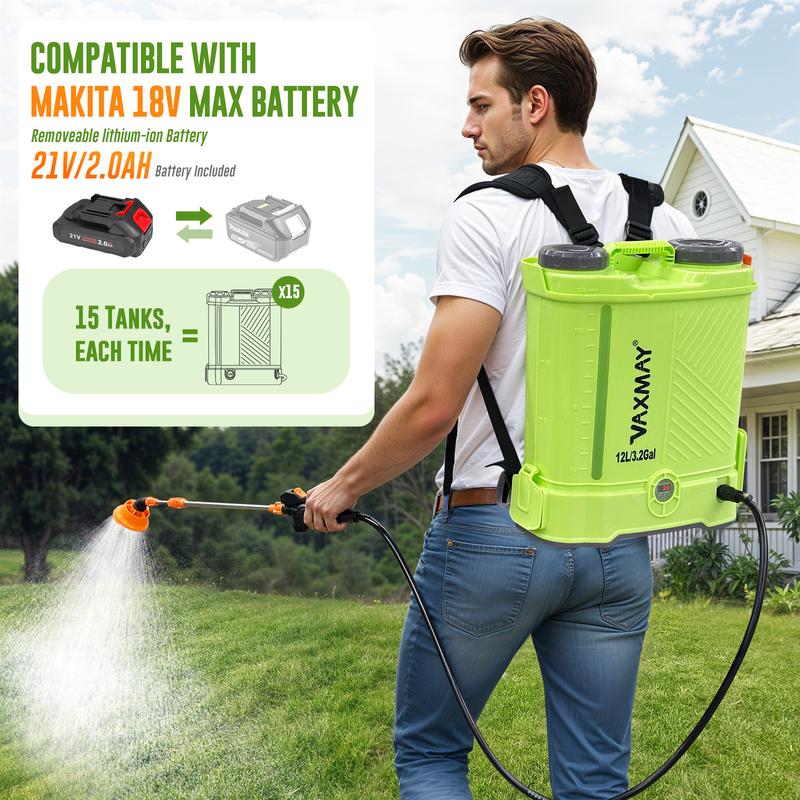 【Toolupgrade】VAXMAY Battery-Powered Backpack Sprayer, 3.2 gal 80 psi Power Liquid Spraying Multi-Nozzle Spray Guns, Makita 18V Compatible, 5 Nozzles, 2.0 Ah Battery & Charger Included