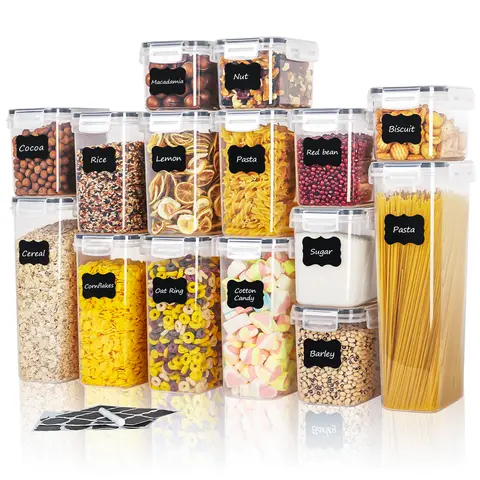 30/60 Airtight Food Storage Container Set (15/30 Lids & 15/30 Jars), BPA-Free Plastic Kitchenware for Storing Grains, Flour, and Sugar, Ideal Pantry Kitchen Organization Tool, Reusable Labels & Marker, Ason Jars