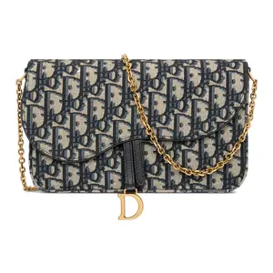 DIOR Oblique Print Fabric Flap Clutch with D-Ring Charm for Women in Blue