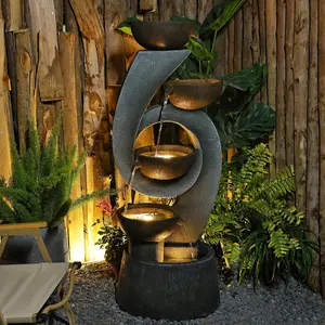 Tankana 46.8" Outdoor Water Fountains with Light Large Garden Fountain, 5-Tier Modern Cascading Garden Water Feature Outdoor for Patio, Deck, Porch, Backyard – Freestanding Resin Waterfall Fountain