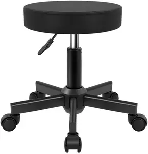 KKTONER Round Stool Rolling Stools PU Leather Height Adjustable Stool with Wheels Swivel Spa Drafting Work Chair Small (Black)