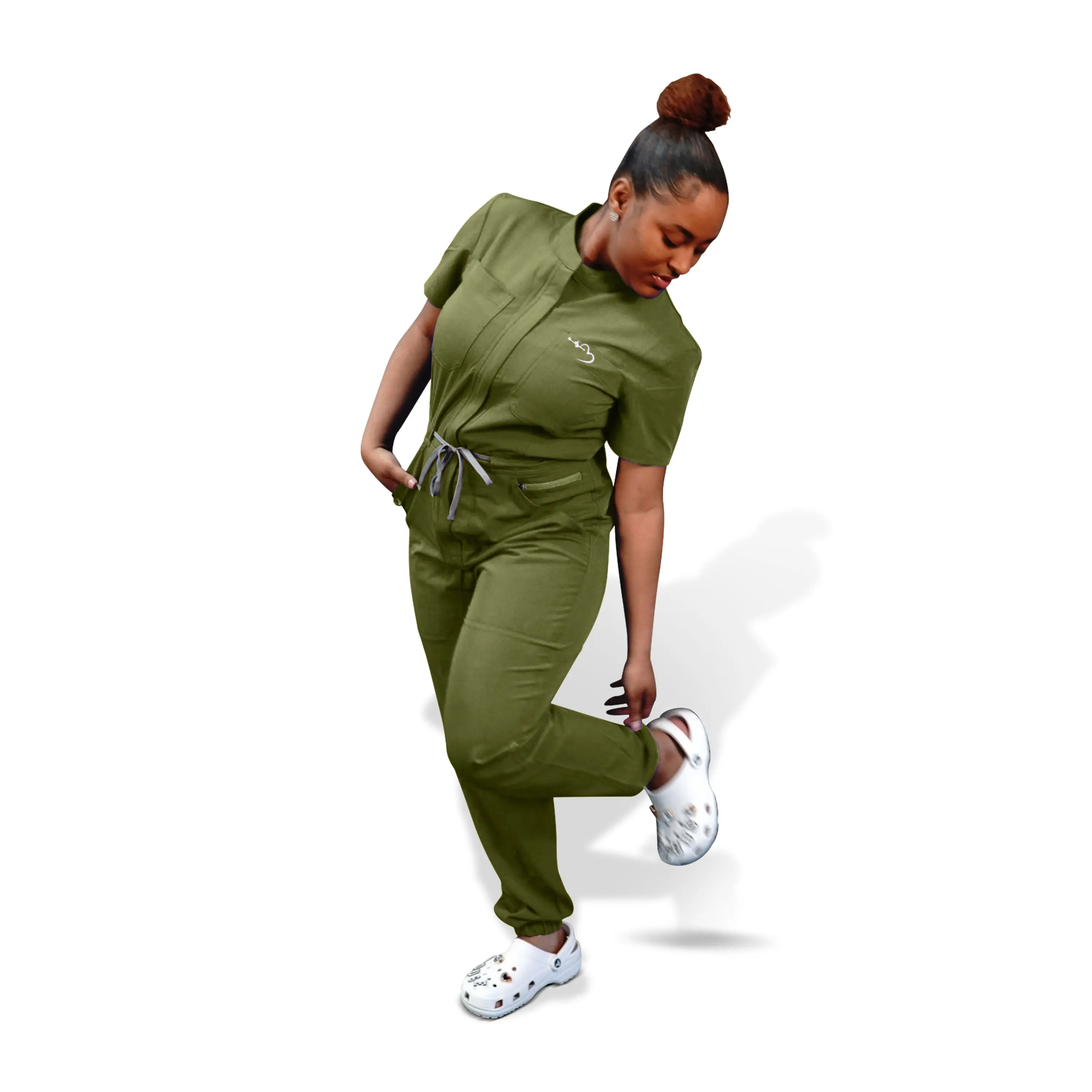 House of Scrubs Green Scrubs Romper - Fitted Short Sleeve Summer Romper for Women in Polyester Spandex Rayon Blend - Plain Pattern - Sports Style - Healthcare Uniform Hospital Jumpsuits Jumpsuits