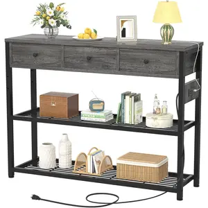 Ecoprsio 47'' Entryway Table with Outlets and USB Ports, Console Table with 3 Drawers, Sofa Table Narrow Long with Storage Shelves for Living Room, Couch, Hallway, Foyer, Kitchen Counter, Grey