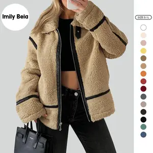 Imily Bela US Womens Winter Faux Fur Coats Fleece Zip up Sherpa Moto Jackets Trendy Warm Leather Patchwork Outerwear