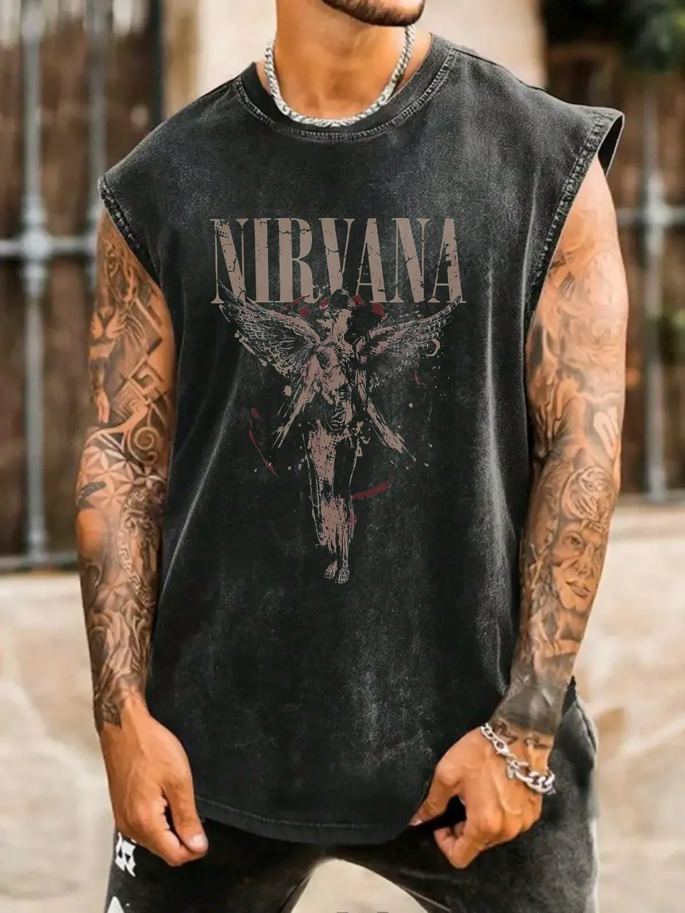 Men's Vintage Angel Graphic Print Knit Stylish Aesthetic Tank Top, Casual Fitted Sleeveless Top for Summer, Men's Clothes for Daily Wear