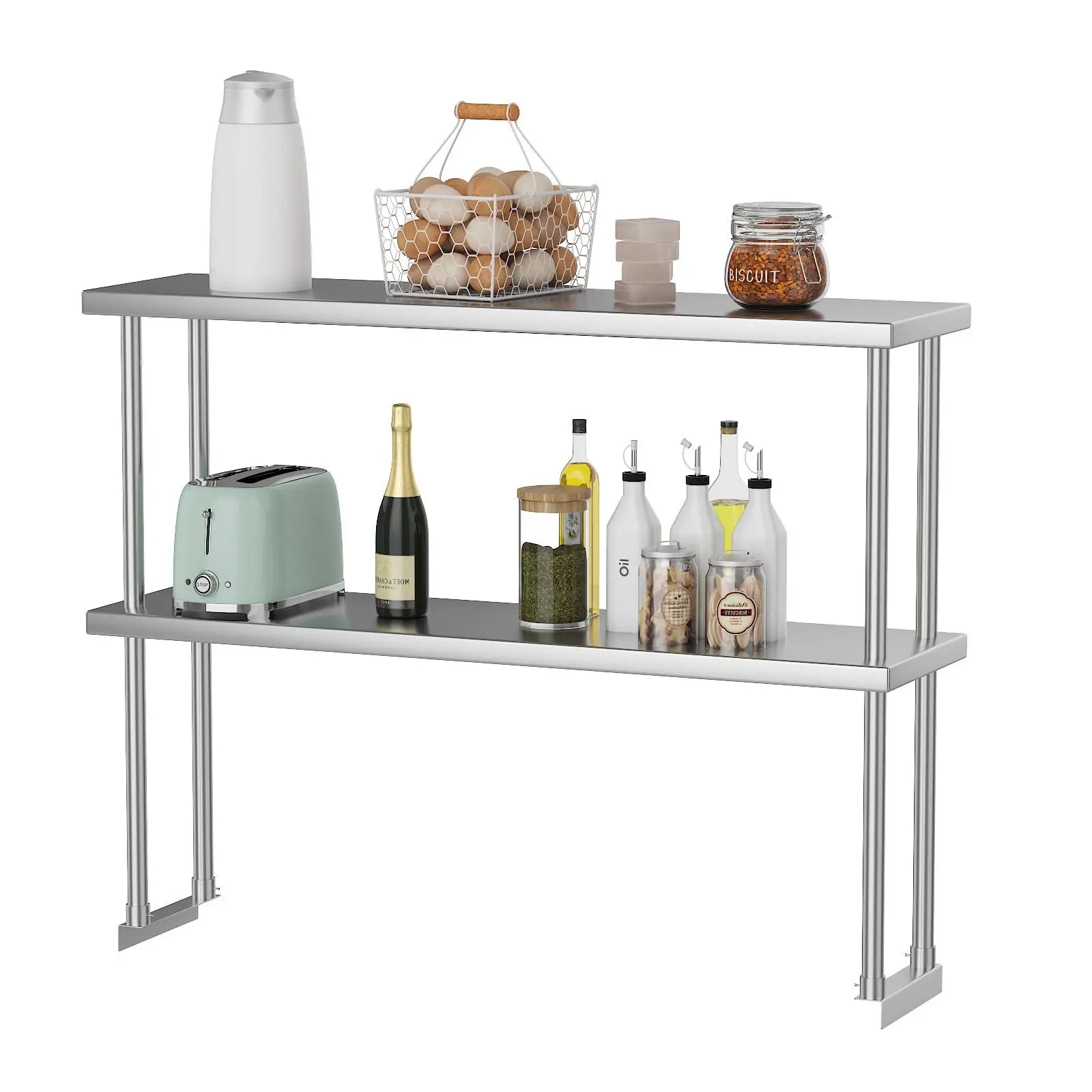 GARVEE Stainless Steel Double Overshelf, Commercial 2-Tier Adjustable Shelves, Double Deck Overshelf for Prep & Work Table In Restaurant, Kitchen and Home, 12" x 48"