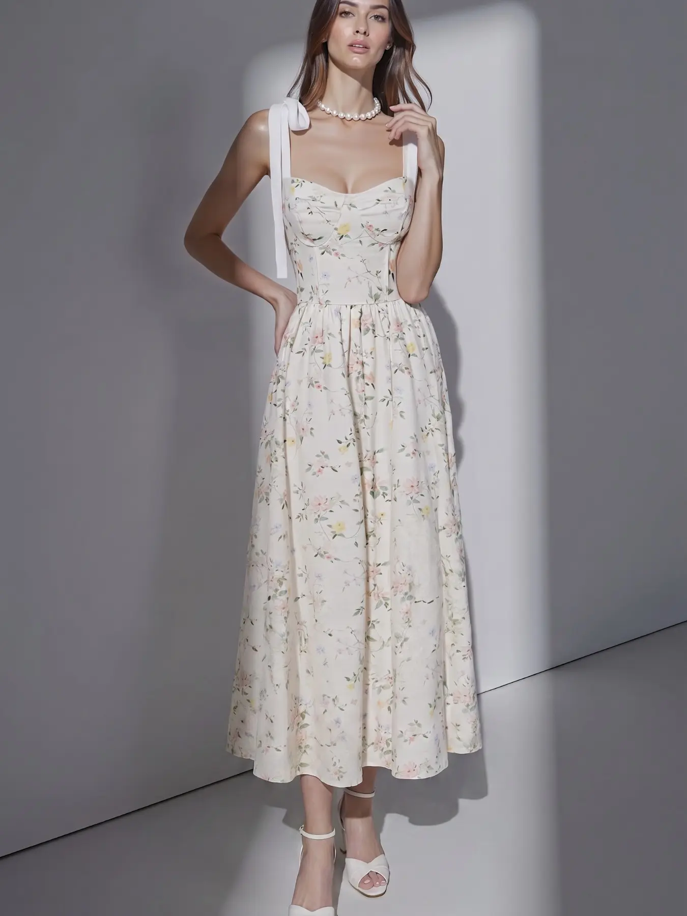 Romantic Ditsy Print Strappy Waist Women's Sleeveless Summer Long Boho Printed Dress, Bridgerton Style Floral Dress, Elegant Summer Fashion for Ladies, Elegance