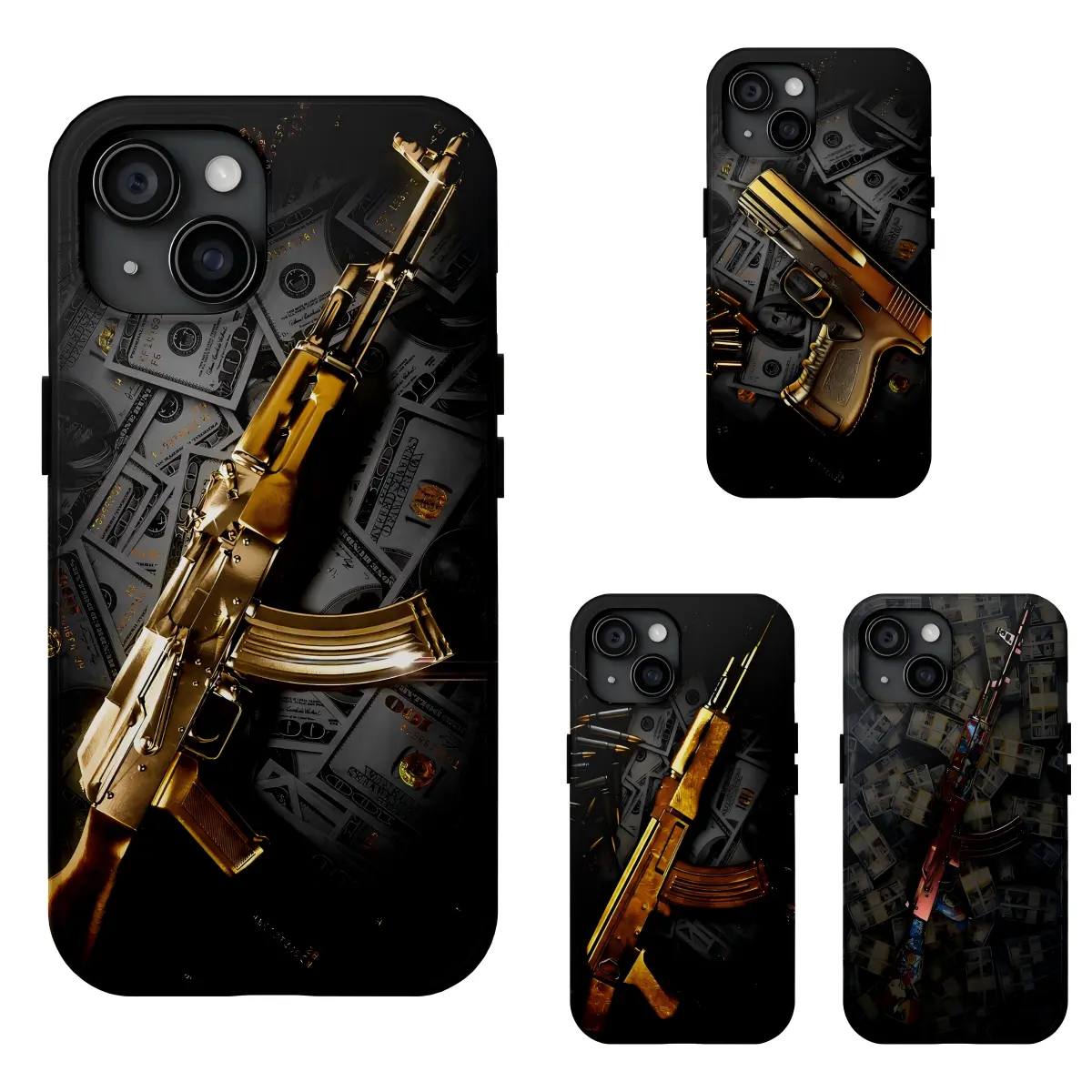 Gold AK47 Cool Gun & Dollar Bills Pattern Design Phone Case  - Hip-Hop Streetwear Aesthetic Case For iPhone 17-11 Pro Max Plus Series Anti-Yellowing Hard PC Back & Soft TPU Bumper Dual-Layer Phone Case Gift Idea