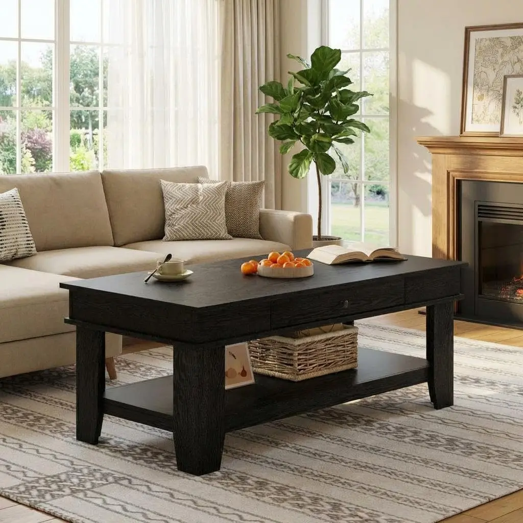 Garvee Black Coffee Table with Drawer and Storage Shelf, 47.2" Rustic Centre Table for Living Room, Sturdy Design with 300 lb Capacity, Easy to Clean Long Furniture