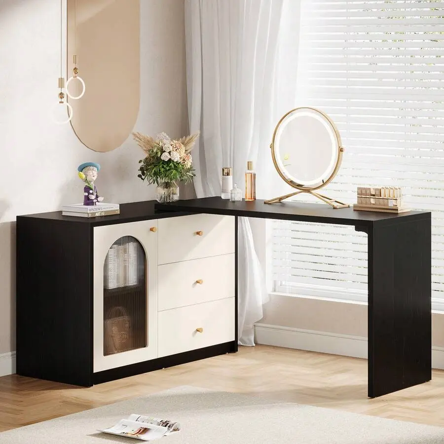 Classic L-Shaped Sturdy Modern Corner Makeup Vanity Desk - 3-Drawer & Cabinet Engineered Wood Unit with Retractable Large RGB LED Mirror, Adjustable Storage, Power Outlet (17.72x82.67"x29.92"h) for Bedrooms, Home Office, Living Rooms, Requires Assembly