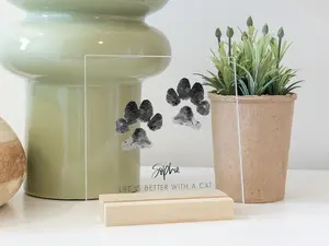 Personalized Paw Print Art on Acrylic with Wood Stand - Perfect Gift for Dog Lovers, Cat Lovers, and Home Decor