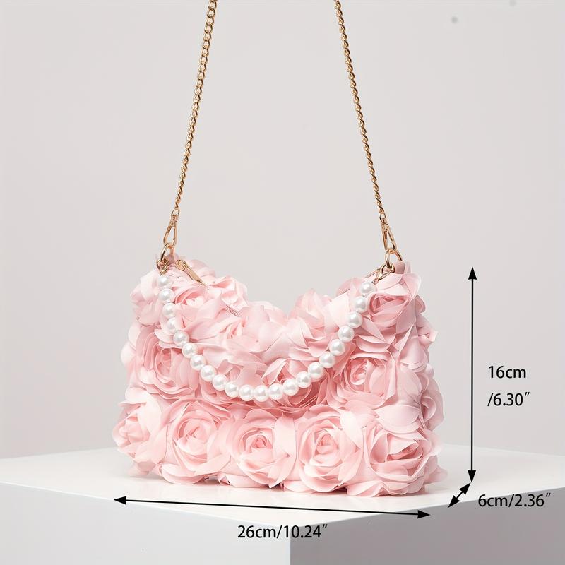 [Wedding Accessory] Elegant Rose-Embellished Crossbody Bag with Faux Pearl Accents - Sweet Pink Floral Evening Clutch, Ideal Valentine's Gift for Women, Polyester Lining, Zip Closure, Wedding Gifts