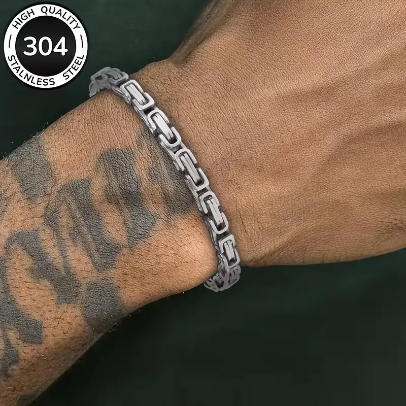 Men's 304 Stainless Steel Byzantine-Cuban Hybrid Metal Bracelet, Chain Link Design, Stylish Versatile Accessory for Casual Wear, Fashionable Bracelet Style
