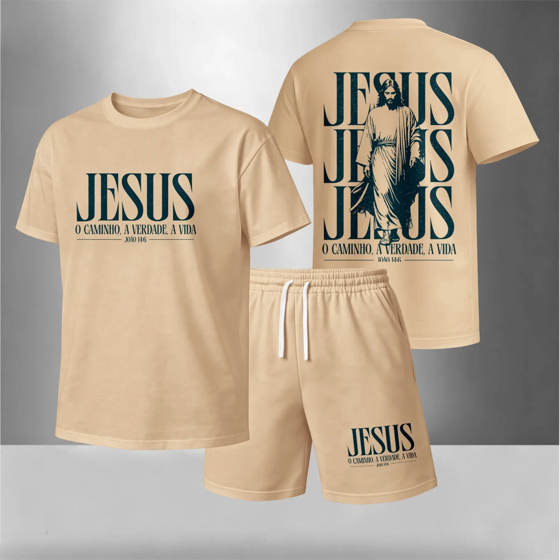 Men’s Faith Graphic Shorts Set, Jesus Short Sleeve T Shirt and Drawstring Shorts Matching Outfit, Breathable Lightweight Summer 2 Piece Set for Home, Lounge and Daily Wear