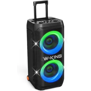 W-KING T12 370W Peak Portable Bluetooth Party Speaker - Dual 8" Woofers, 1.5" Tweeters, Bass Reflex Tube, Sturdy Wheels, Telescopic Handle, 25H Playtime, Futuristic Lights, Wireless Mic, Guitar Input, Fast Charging, Loud Outdoor Audio Speaker