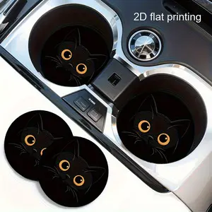 2pcs Black Cat Car Cup Holder Coasters - Non-Slip Cute Kitten Face with Orange Eyes & Tabby Cat Paws, Durable EVA Dashboard Protectors, Fit for Auto Cup Holders, Pet-Friendly Vehicle Accessories (Black)