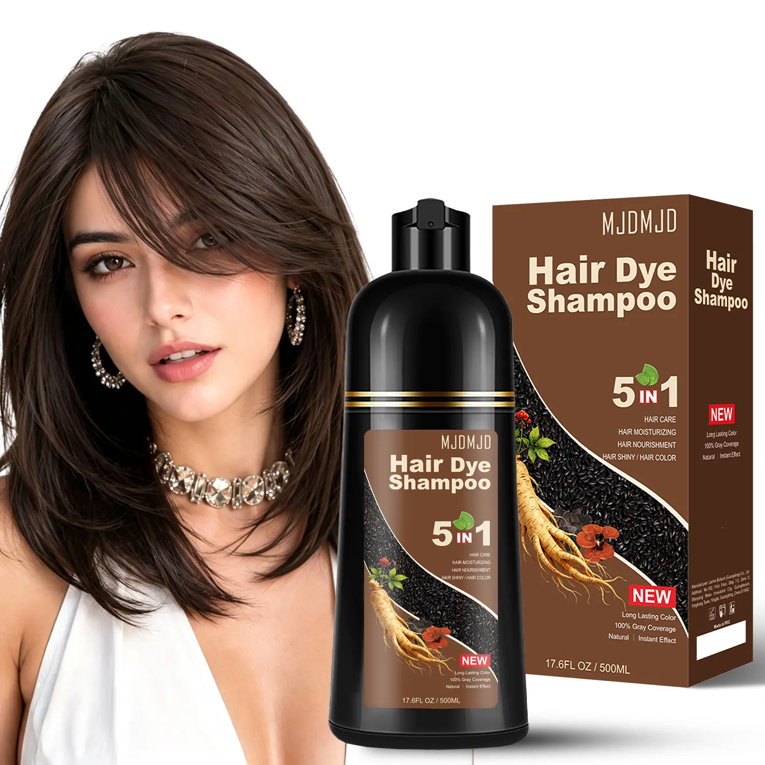 Dark Brown Hair Dye Shampoo 5 in 1 for Women & Men, Semi Permanent Hair Color Shampoo for Gray Hair Coverage, Natural Herbal Formula with Argan Oil & Ginseng, Ammonia & Paraben Free, Easy Home Coloring, 500ml