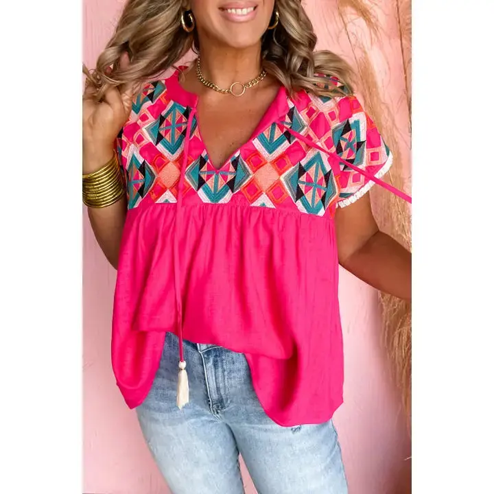 Embroidered Tassel Tie Blouse