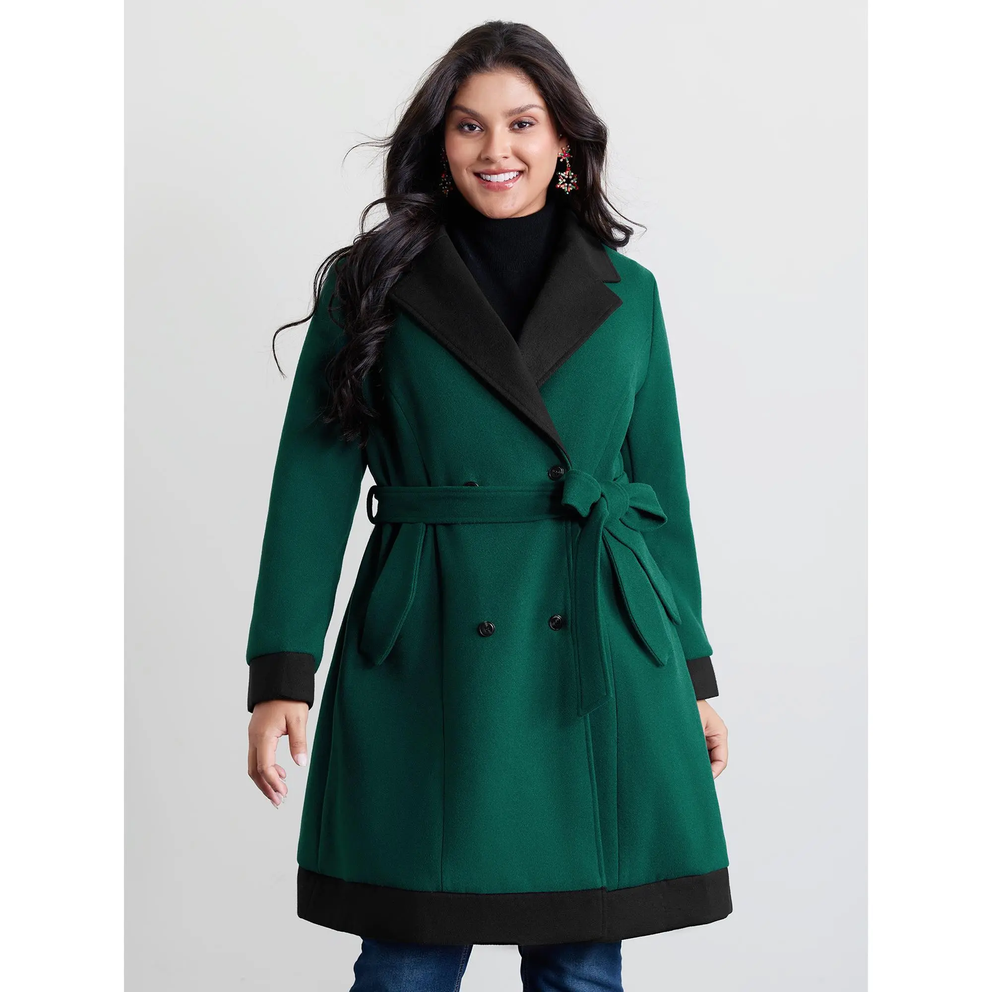 BLOOMCHIC Women's Plus Size Colorblock Belted Lined Jacket Coat [M-6X] - Smooth Polyester Fabric, Regular Fit, Non Stretch, Button Accent, Side Pockets, Machine Washable, 2026 Summer Basic Top, Jackets, Solid