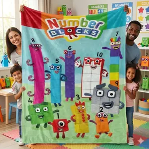 Manta de franela suave y cómoda con un diseño colorido de bloques numéricos de dibujos animados, perfecta para la decoración del hogar y la relajación
