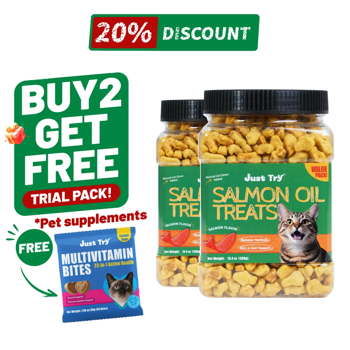 Just Try 13.4 OZ Cat Grass Treats Salmon Oil Natural Salmon Kitten Healthy Cat Treats Training Biscuits Snacks Fish Oil Omega 3 Supplements for Cats Joint Support & Skin Coat Health