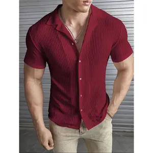 [Stretch fit shirt] lightweight breathable Men's stretch fit casual button-up shirt-short sleeve, black, ribbed polyester blend, versatile menswear| modern casual shirt| spandex comfort for spring/summer