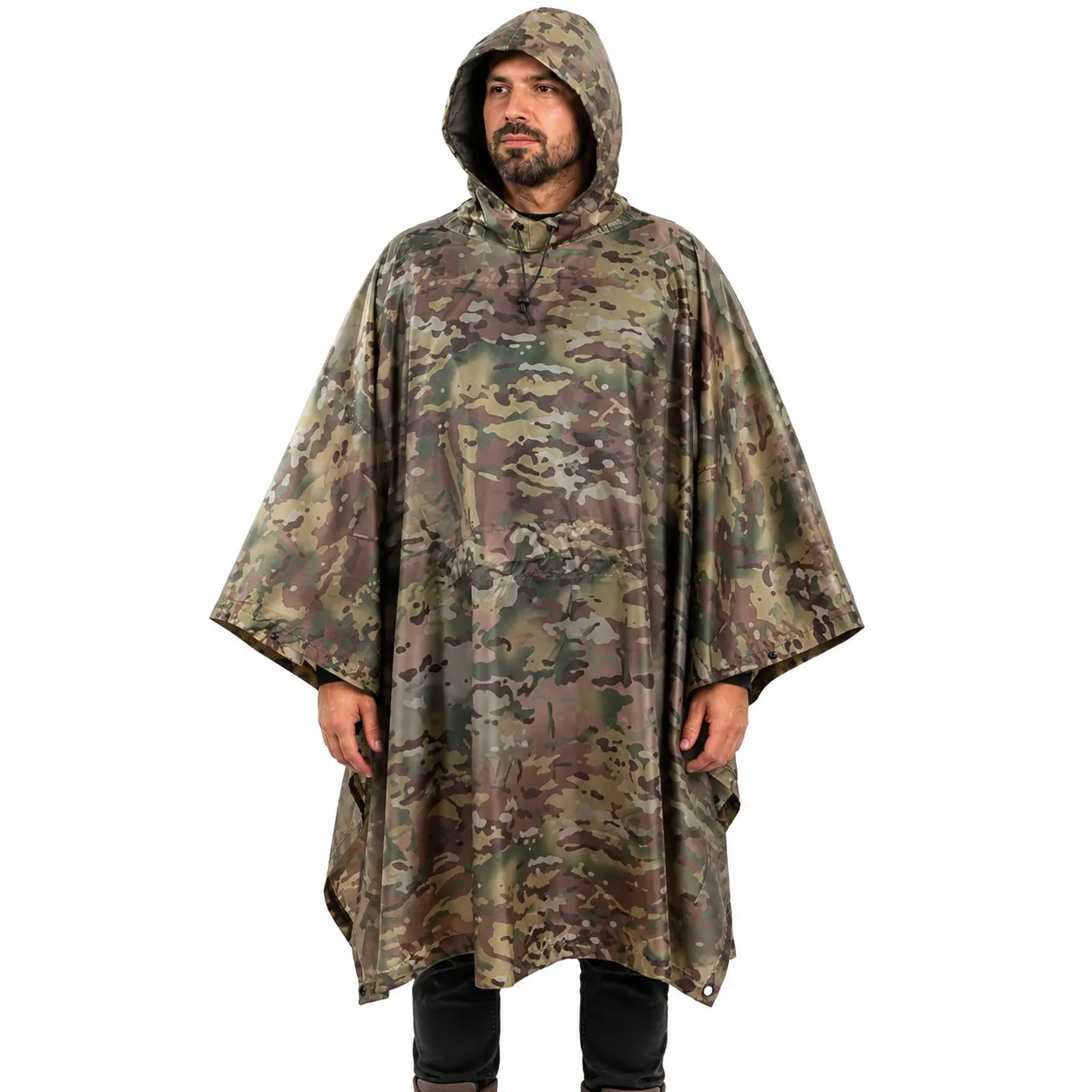 Military-Style Poncho with Multicam Fabric, OCP Camo Print for Outdoor Hunting Activities