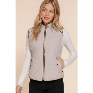 SUEDE PIPING DETAIL RIB QUILTED PADDING VEST