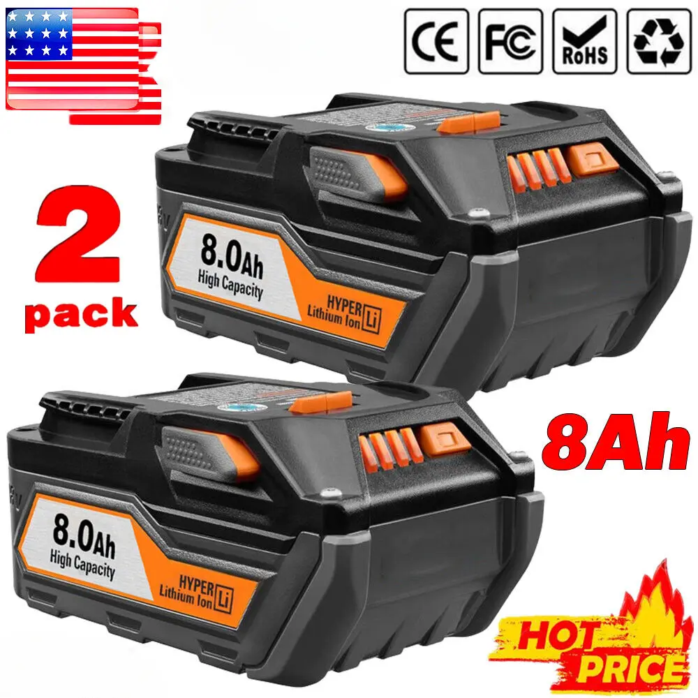 2025new 2pack 18V 8.0Ah Lithium Battery for RIDGID 18 Volt Drill R840087 R840083 R840086
