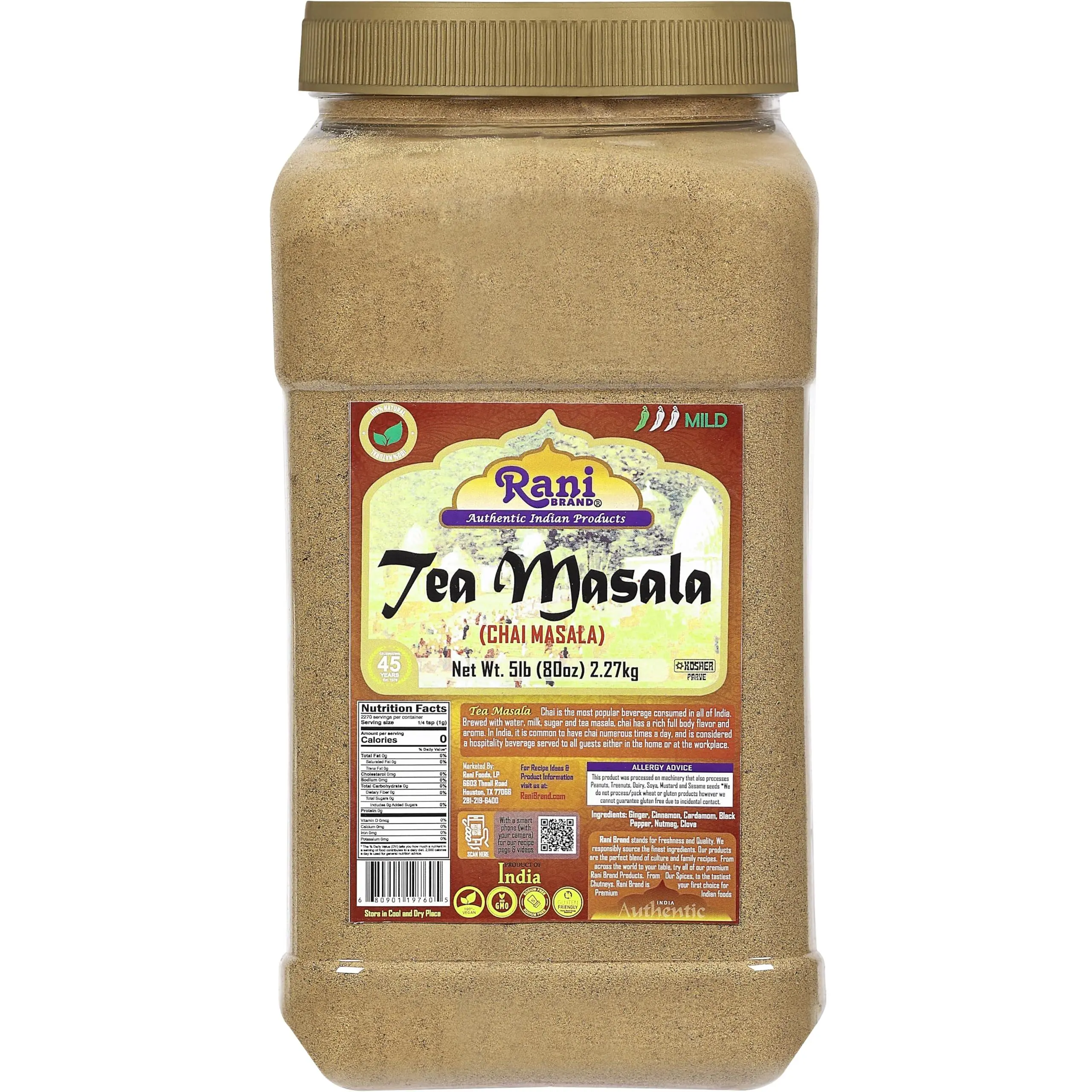 Rani Tea (Chai) Masala 80oz (5lbs) 2.27kg Bulk PET Jar ~ All Natural | Vegan | Gluten Friendly | Salt & Sugar Free | NON-GMO | Kosher | No Colors