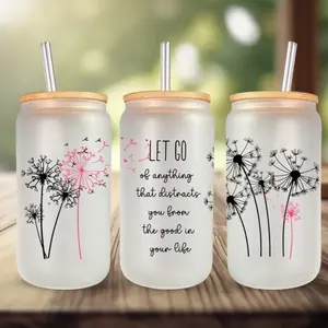 Dandelion Let Go Frosted Glass Cup with Bamboo Lid & Reusable Straw - Ideal for Beverages and Decorative Use - Mug, Bottles drinkware gift