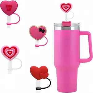 Valentine's Day Heart Shaped Straw Cover Cap, 4 Counts Cute Straw Cap, Drinkware Accessories for 7~8mm Straws, Home Kitchen Party Supplies