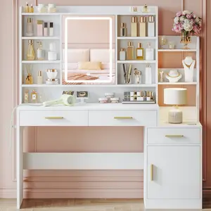 The dressing table comes with a mirror, the makeup dressing table has LED lights, the dressing table has a power board, 3 drawers, and 9 storage shelves, with storage space behind the mirror