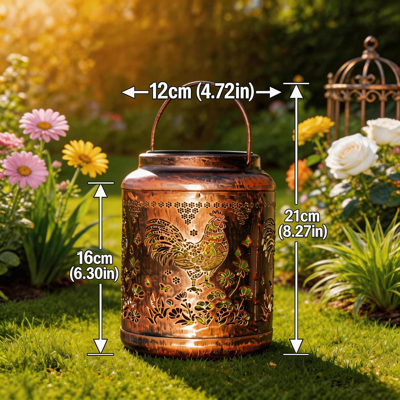 Solar Lantern Outdoor Hanging - Led lights Rooster Cutout Metal Cylinder Light with Hollow Design - Waterproof Garden Decor for Patio Pathway - Auto On/Off Night Lamp for Yard Gifts -Hanging Metal Cylinder Light for Garden Patio Decor