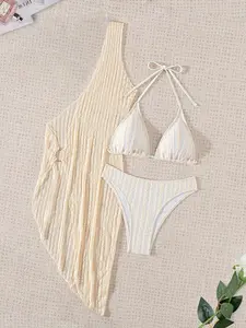 Three-piece Set Women's Solid Bikini Set, Casual Halter Swim Top & Swim Bottom & Cover Ups Set, Ladies Swimsuit for Beach Holiday Vacation