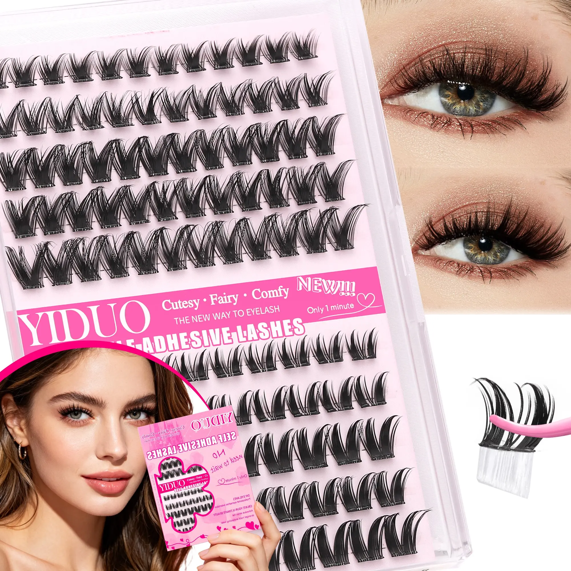 YIDUO Bunny Self-Adhesive Synthetic Lash Clusters, Fluffy Eyelashes Cluster, 2 Styles Bunny & Wispy Looks, D Curl 10-16mm, Pre-Glued No Glue Needed, 1-Minute Easy DIY Eyelash Extensions Gift Pack, DIY Personal Lashes
