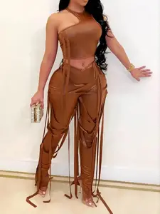 2026 Women's Solid Lace Up Pants Two-piece Set, Back To School Asymmetrical Neck Tie Back Crop Tank Top & Split Hem String Decor Trousers, Two Piece Set Women, Hip Hop Style Clothing Set, Musical Festival for Christmas