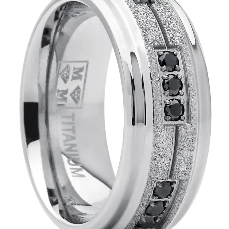 Men's Black Cubic Zirconia Titanium Trinity Stone Crystal Ring - 8mm Comfort Fit, Lightweight Flat Top Sandblasted Shimmer Finish Wedding Band, Unique, Elegant, Exquisite Trendy Adult Jewelry, Unique Rings