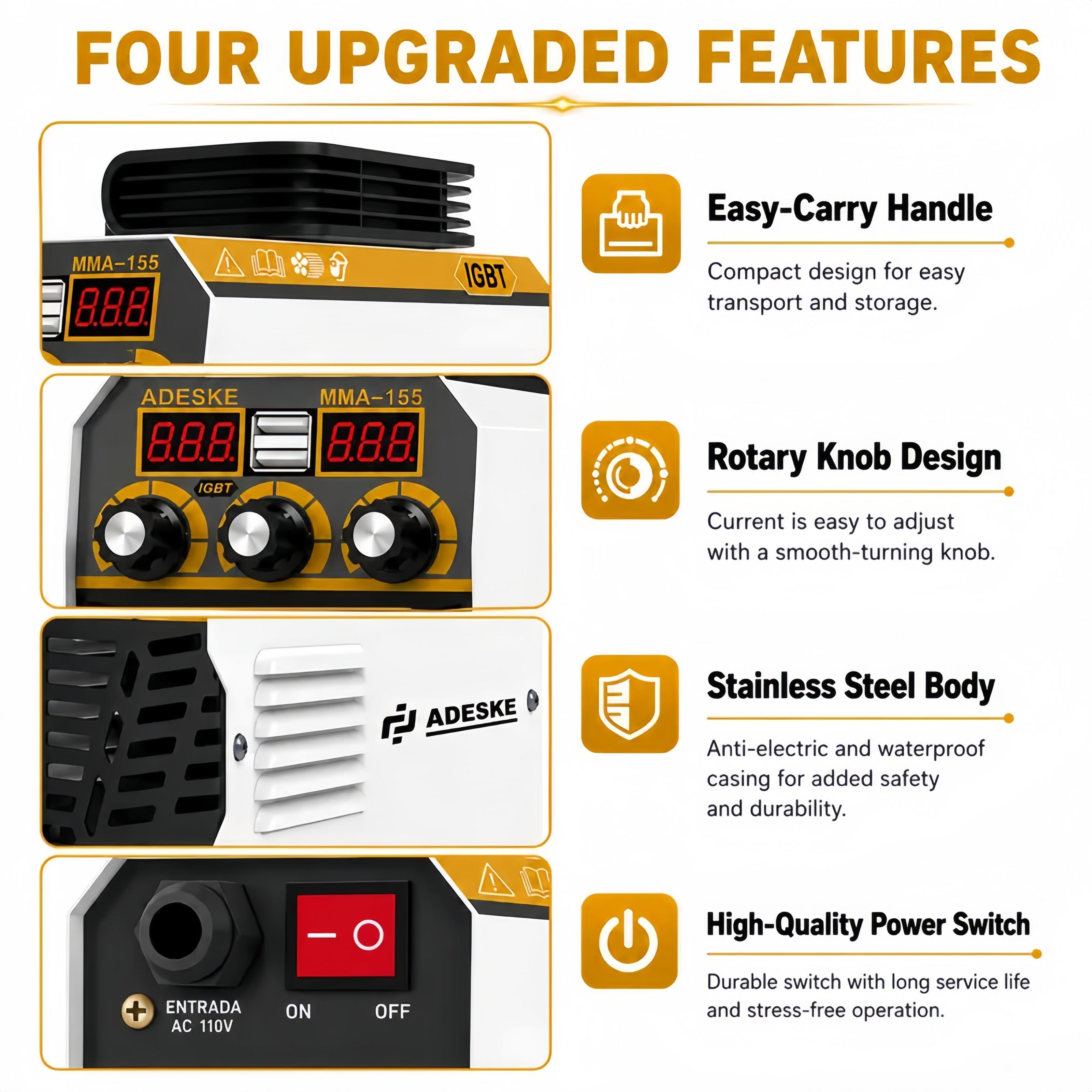 ADESKE MMA-155 Portable Welding Machine – Dual Voltage 110V/220V, 120A Output, Digital Display, Overload Protection, Complete Welding Kit for Home, Auto Repair & Construction