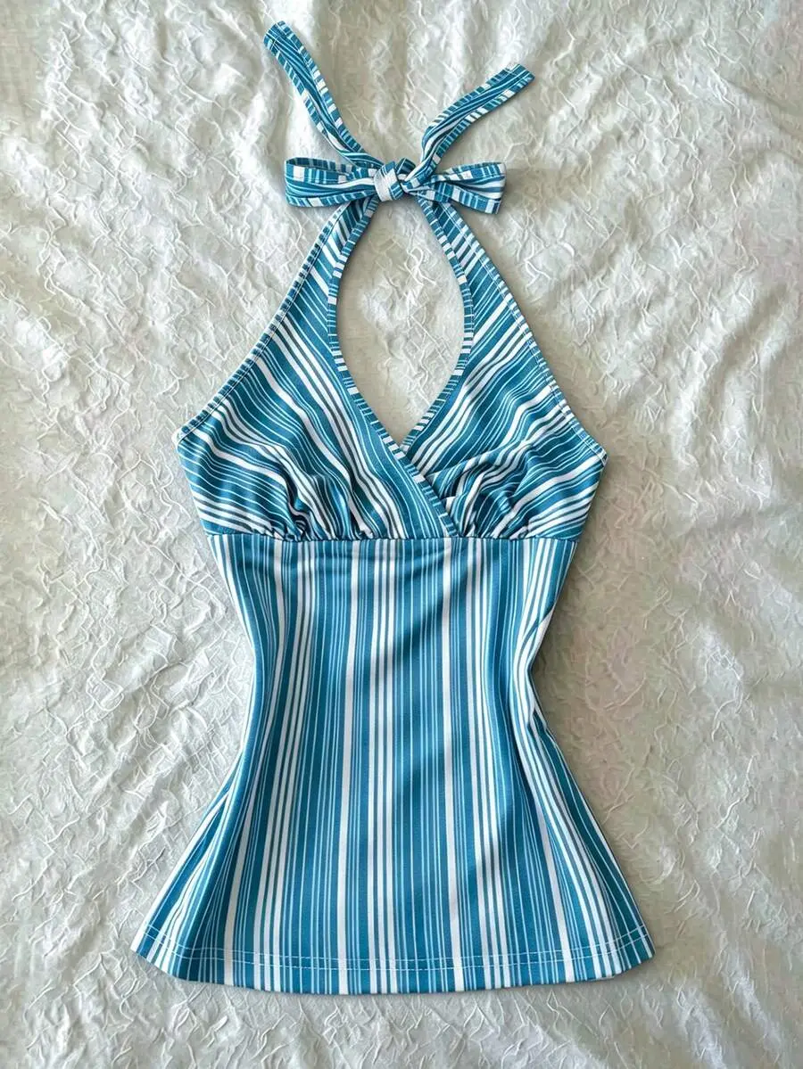 Digital Print Women's Striped Print Halter Backless Tie Strap Camisole