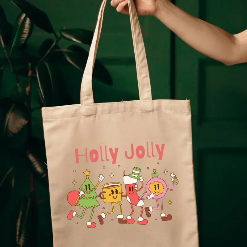 Holly Jolly Holiday Tote Bag with Festive Characters and Tree Design Perfect for Christmas Shopping