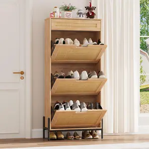 Natural Rattan Shoe Storage Cabinet: Versatile Freestanding Organizer with 2 Flip Drawers, 1 Drawer, Adjustable Shelves, and Metal Legs for Hallway or Entryway, in Black or Oak Finish Wooden