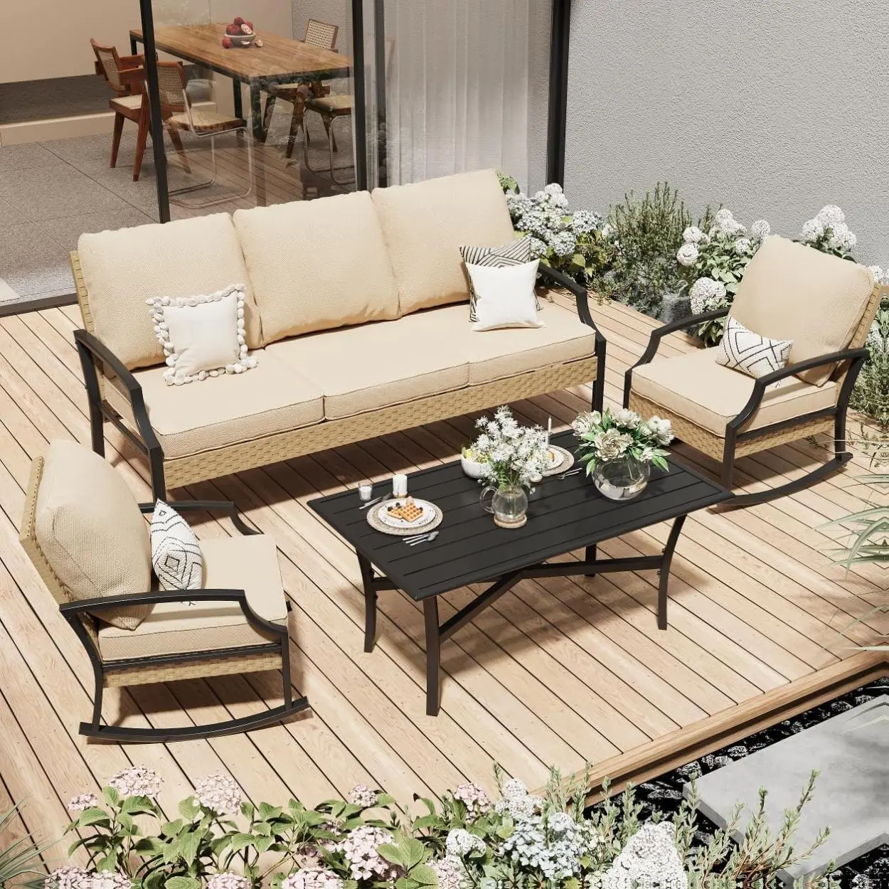 【2 packages arrived at different times】AECOJOY Patio Furniture Set, Modern Outdoor Patio Furniture with Rocking Chair & Coffee Table, 4 Piece Rattan Wicker Chair Conversation Bistro Set for Deck, Porch and Garden, Beige