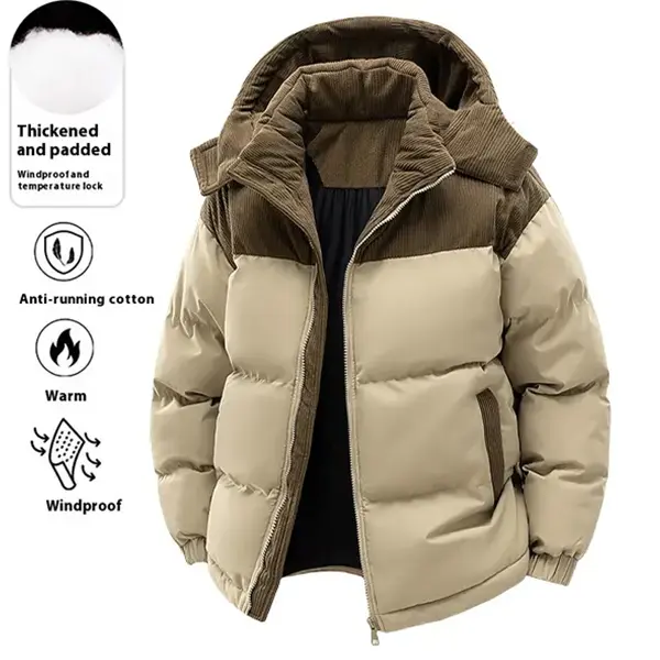 Men’s hooded warm jacket — a minimalist color-block, thickened jacket that combines windproof temperature retention with stylish trend appeal; an essential for winter.